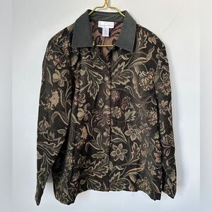Susan Graver Green Brown Floral Tapestry Button Up Shirt Jacket Women’s Sz Large